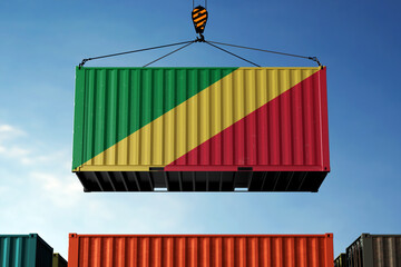 Congo Republic trade cargo container hanging against clouds background