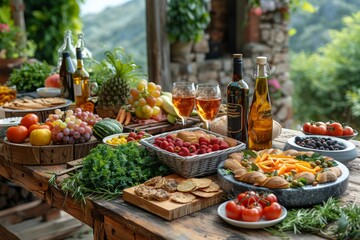 Fototapeta na wymiar An outdoor feast with a variety of fruits, bread, and salads set against a scenic backdrop hints at a luxurious country lifestyle
