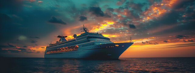 A large cruise ship is sailing in the ocean at sunset - obrazy, fototapety, plakaty
