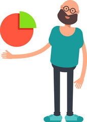 Bald Bearded Man Character Holding Pie Chart
