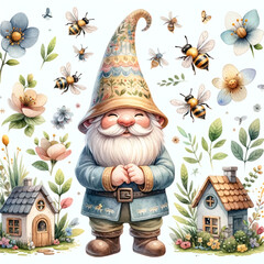 Watercolor illustration of a garden gnome with flowers and bees.