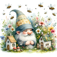 Garden gnome with a house and bees. Watercolor illustration