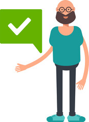 Bald Bearded Man Character and Check Mark
