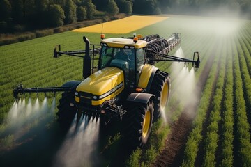 Aerial view of agricultural tractor engaged in plowing and spraying pesticides on farm field