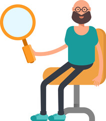 Bald Bearded Man Character Sitting and Holding Magnifier
