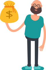 Bald Bearded Man Character Holding Dollar Sack
