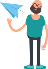 Bald Bearded Man Character Holding Paper Plane
