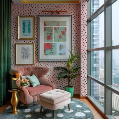 Skyscraper penthouse apartment, baroque wallpaper, big windows, view of the city, modern pink and green interior, above the clouds, polka dot, fiddle leaf, framed artworks. 3d render.