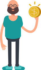 Bald Bearded Man Character Holding Dollar Coin
