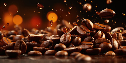 Roasted coffee beans mid-air with a dynamic explosion of flavors against a warm, bokeh-lit background.