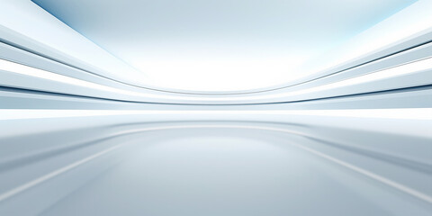 Empty space inside futuristic room, showroom, spaceship, hall or studio in perspective. Include ceiling, hidden light, white floor and abstract shape. Modern interior background of future, technology.
