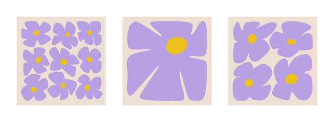 Set of retro flowers posters. Collection of cute floral wall art illustrations 
