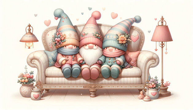 Cute cartoon gnomes sitting on a sofa in the living room