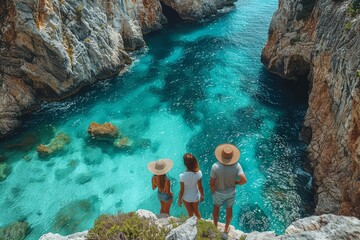 Trio of friends stands at a cliff's edge, mesmerized by turquoise waters below and rugged cliffs around