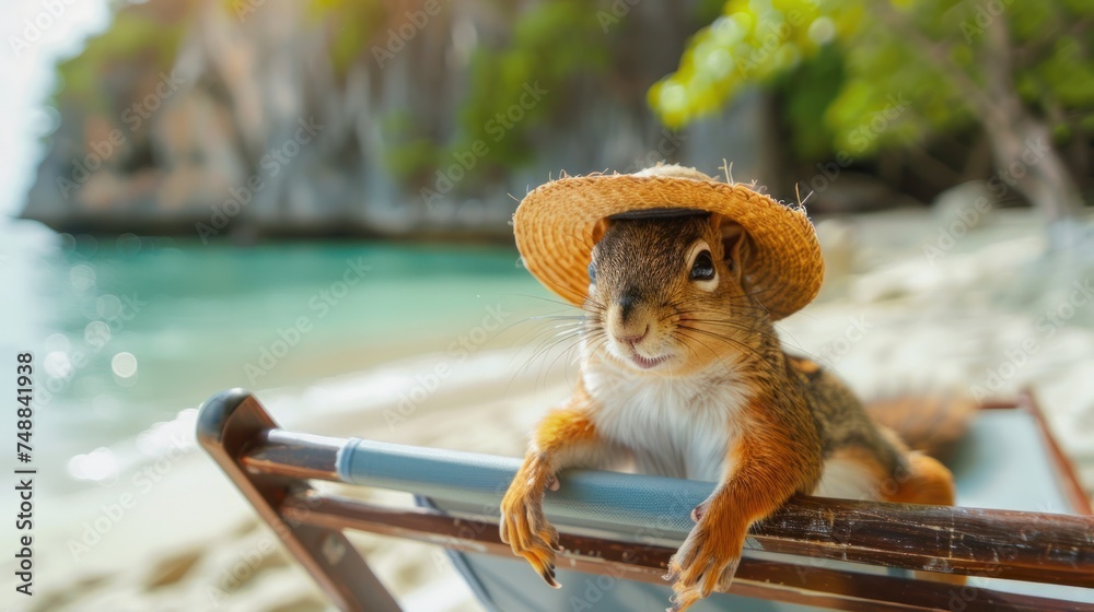 Wall mural A squirrel lies on a folding chair on a beach. The squirrel has crossed its legs. - Wall murals