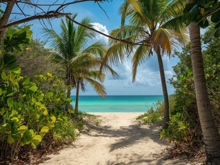 Fototapeta na wymiar Paradise beach with palm trees and turquoise sea