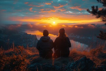 A romantic pair sits close, enjoying a beautiful sunset over a mountain landscape and water below