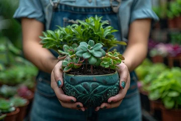 Foto op Aluminium Close-up of hands carefully holding a beautifully potted succulent plant in a greenhouse setting © svastix