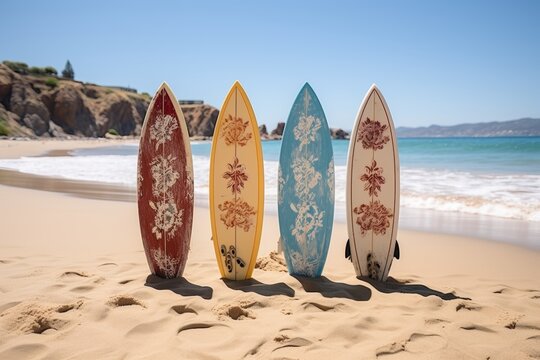Colorful surfboards on sunny beach, ready for waves and summer fun scene, tropical vacation day