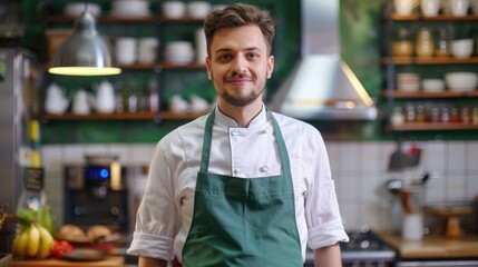 Portrait of a confident young male chef in a green apron standing in a professional kitchen