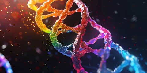 a very bright and colorful DNA strand, black backdrop, visually stunning 