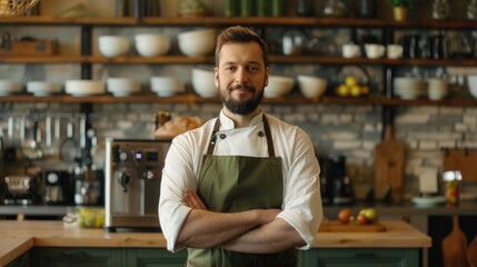 Obraz premium Confident male chef with arms crossed standing in restaurant kitchen.