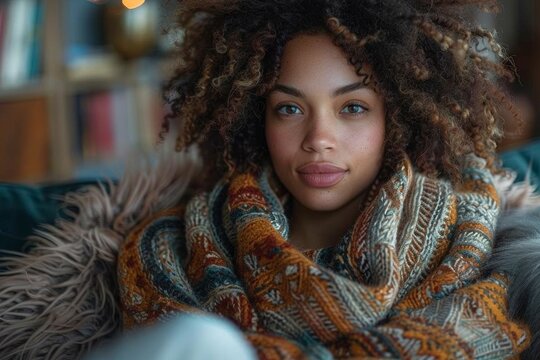An intimate portrait of a curly-haired young woman wrapped in a colorful scarf, looking pensively indoors