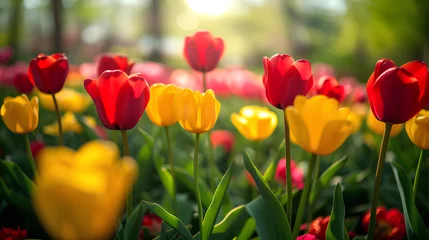 Fotobehang Yellow and red tulips in bloom, a vibrant field of tulips under a bright spring sun © mizan