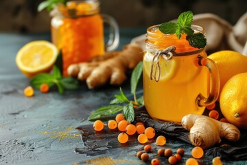 Composition with detox drink, sea buckthorn berries, lemons, mint, ginger, honey in glass jar. Food for immunity stimulation and against flu.  - obrazy, fototapety, plakaty