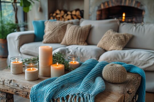 An image depicting a comfortable living room atmosphere with candles adding warmth and ambiance