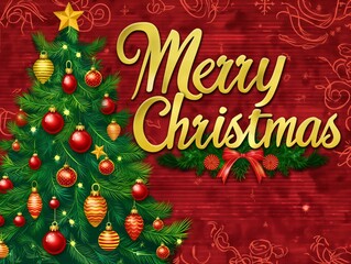 Beautiful Christmas design. Spruce tree with Christmas balls and a gold star on red paper background. Merry Christmas, holiday celebration concept.