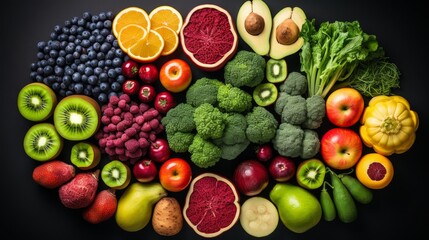 Colorful top view collage of fresh fruits and vegetables - healthy diet and nutrition concept