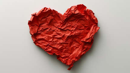 Crumpled up red paper that resembles heart shape on white background. copy space. generative ai