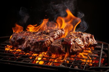 Savory american bbq ribs sizzling on charcoal grill, smoke rising for deliciously grilled experience