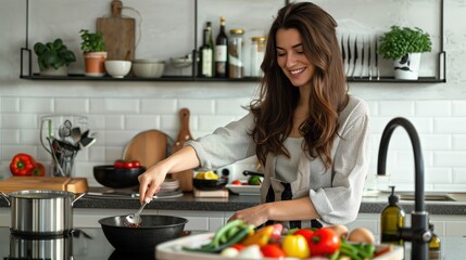 Kitchen scene, woman one hand reaches into utensil rack to take out cooking Utensil Holder for Countertop, there are fruits and vegetables on kitchen table