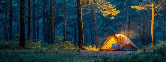 A small tent is lit up by the light of a campfire - obrazy, fototapety, plakaty
