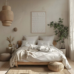 photo of interior design concept for a Scandinavian-inspired bedroom with a focus on simplicity and natural material.  3d render