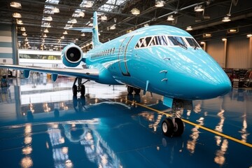 Small private jet parked inside a light blue hangar - aircraft maintenance and repair concept