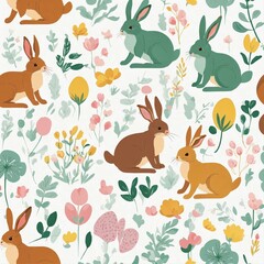 seamless pattern with rabbits and flowers