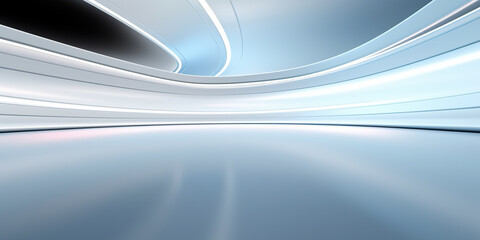 Empty space inside futuristic room, showroom, spaceship, hall or studio in perspective. Include ceiling, hidden light, white floor and abstract shape. Modern interior background of future, technology.