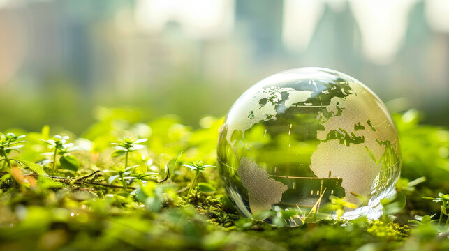 A clear globe is sitting on a green grassy field