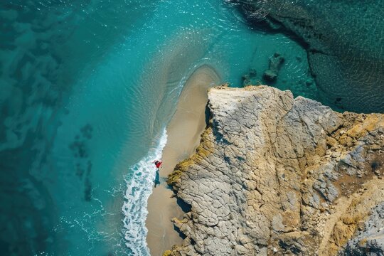 Person in red jacket standing on a beach with wave patterns.