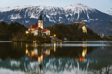 Fototapeta premium Scenic view of Lake Bled in Slovenia. Island with church in the middle of the lake.