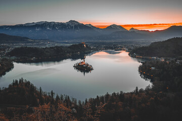 Scenic view of Lake Bled in Slovenia. Island with church in the middle of the lake.