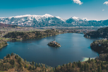 Scenic view of Lake Bled in Slovenia. Island with church in the middle of the lake.