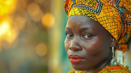 A woman wearing a colorful head scarf and red lipstick. She has a serious expression on her face