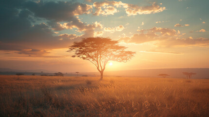 Sunset on African plains with acacia tree - obrazy, fototapety, plakaty