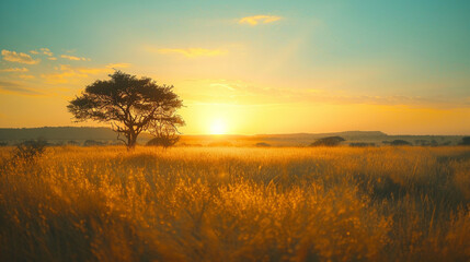 Sunset on African plains with acacia tree - obrazy, fototapety, plakaty