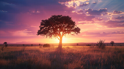 Sunset on African plains with acacia tree - obrazy, fototapety, plakaty