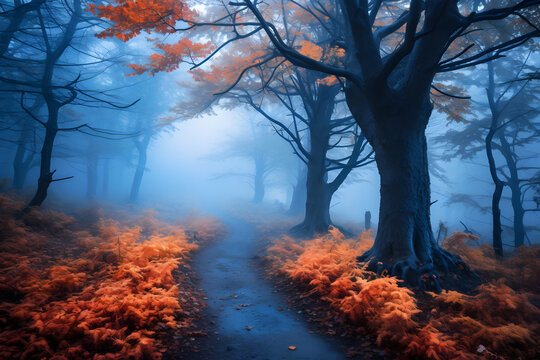  forest path surrounded by trees with autumn foliage, enveloped in a soft, blue mist. A narrow path winds through the center of the image, inviting viewers into the depths of the forest.